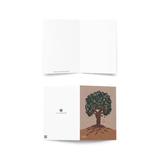 Girl in a pink dress illustrated beneath a tree in whimsical art greeting card