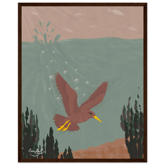 Diving Bird framed art print front view showing splashes and bubbles in green blue water