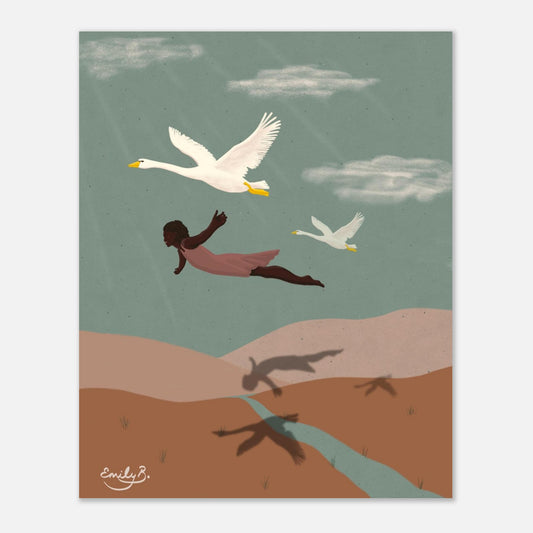 Flying With Swans artwork of a Black woman in motion with two swans against a stylised landscape and open sky