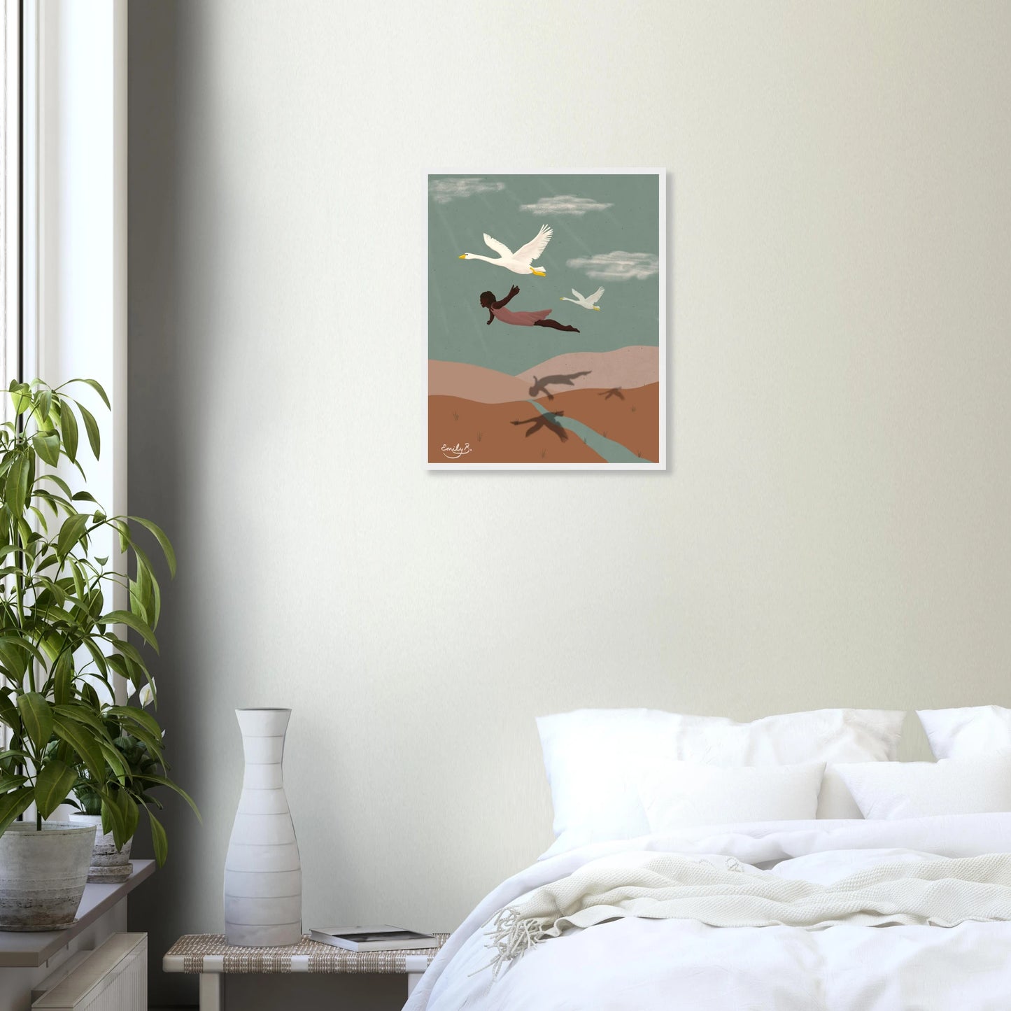 Flying With Swans framed art print displayed on a wall from the Kindred Creatures collection