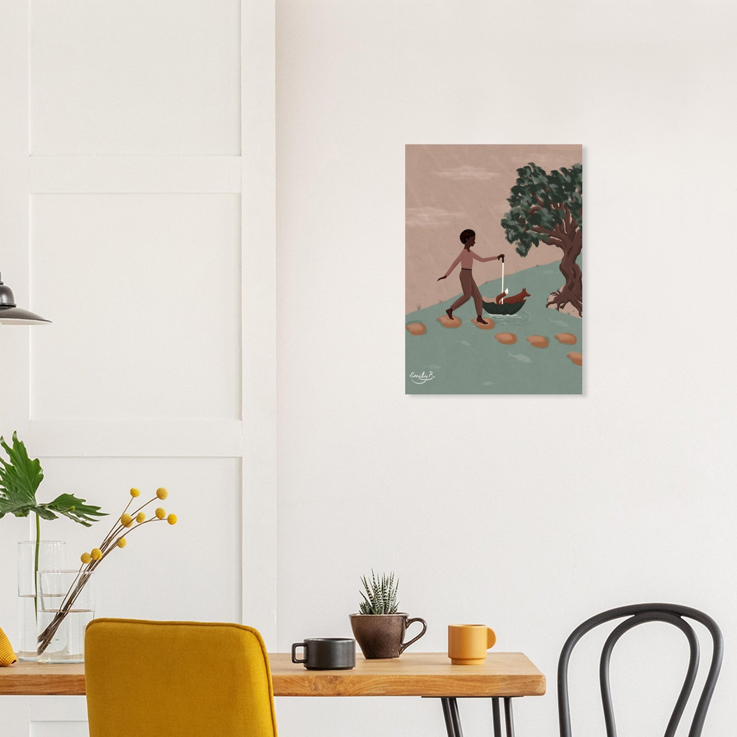 Fox and Friend illustration print styled in a warm dining room, hung above a dining table and chairs with deep yellow accents.