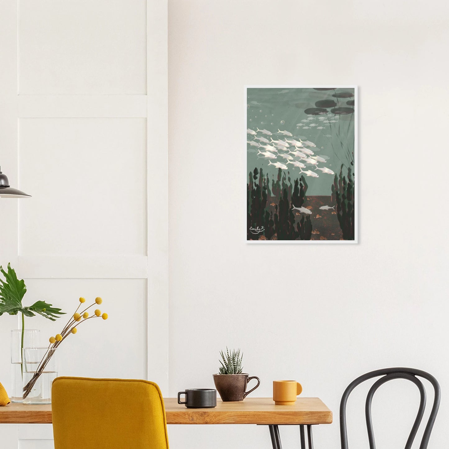 Just the Fish framed artwork displayed on a living room wall from the Kindred Creatures collection
