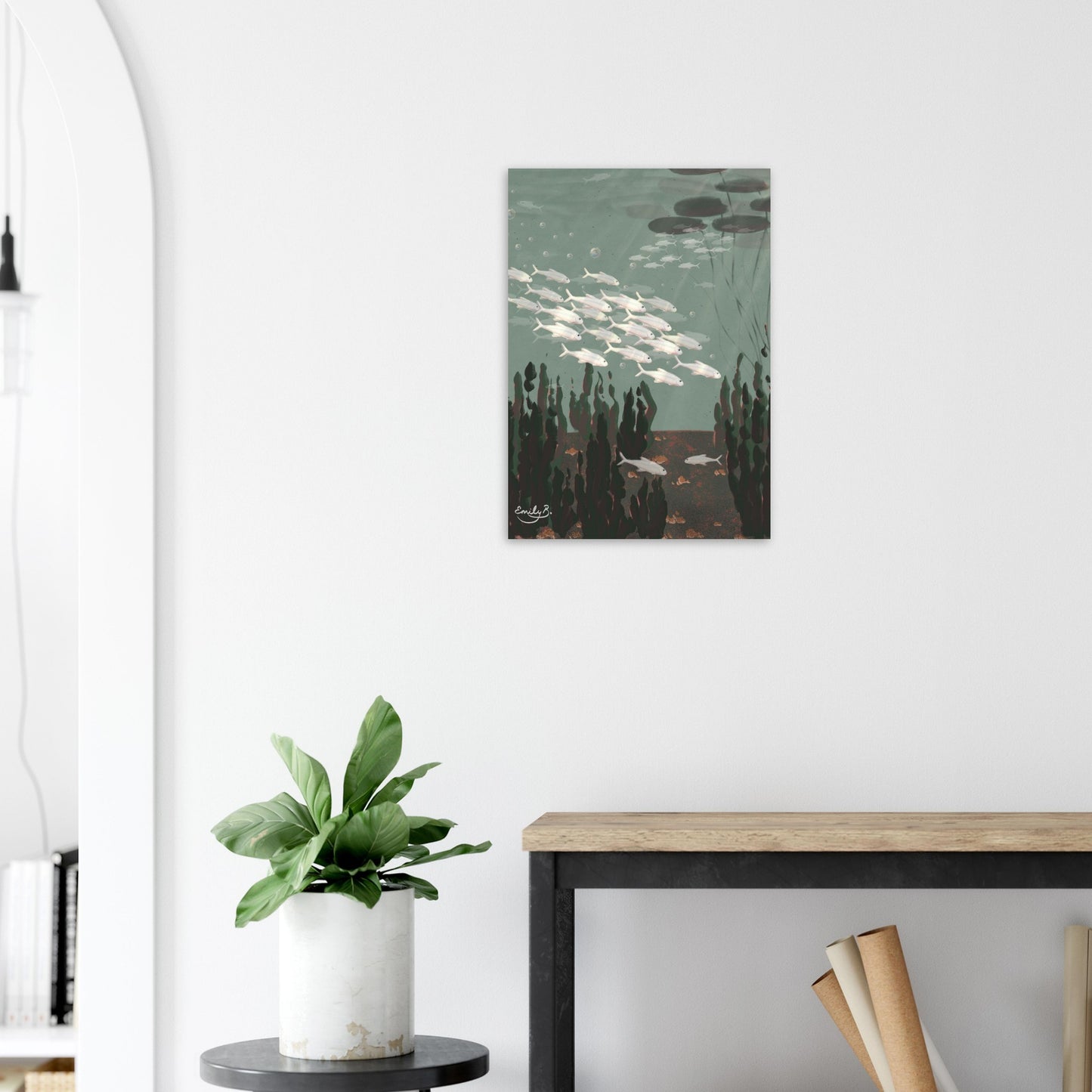 Just the Fish unframed art print displayed in a creative interior space