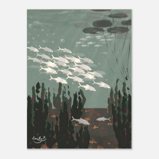 Just the Fish unframed art print front view with lily pads on the water surface