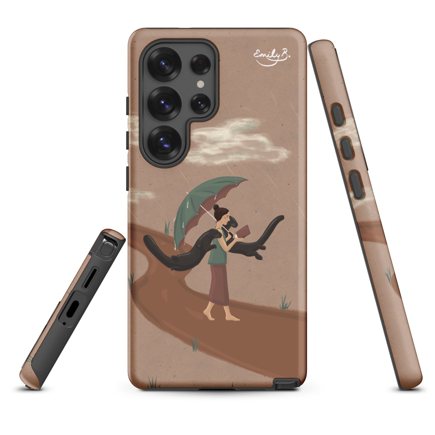 Phone case with artistic design of a person and otter under an umbrella, brand 'Emily B.' visible.