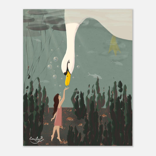 Dreamlike animal illustration art print showing a swan and girl underwater