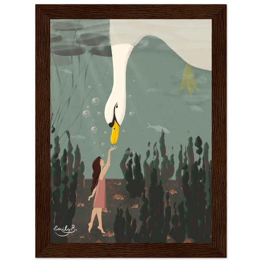 Whimsical framed illustration of a girl and swan underwater from the Kindred Creatures collection