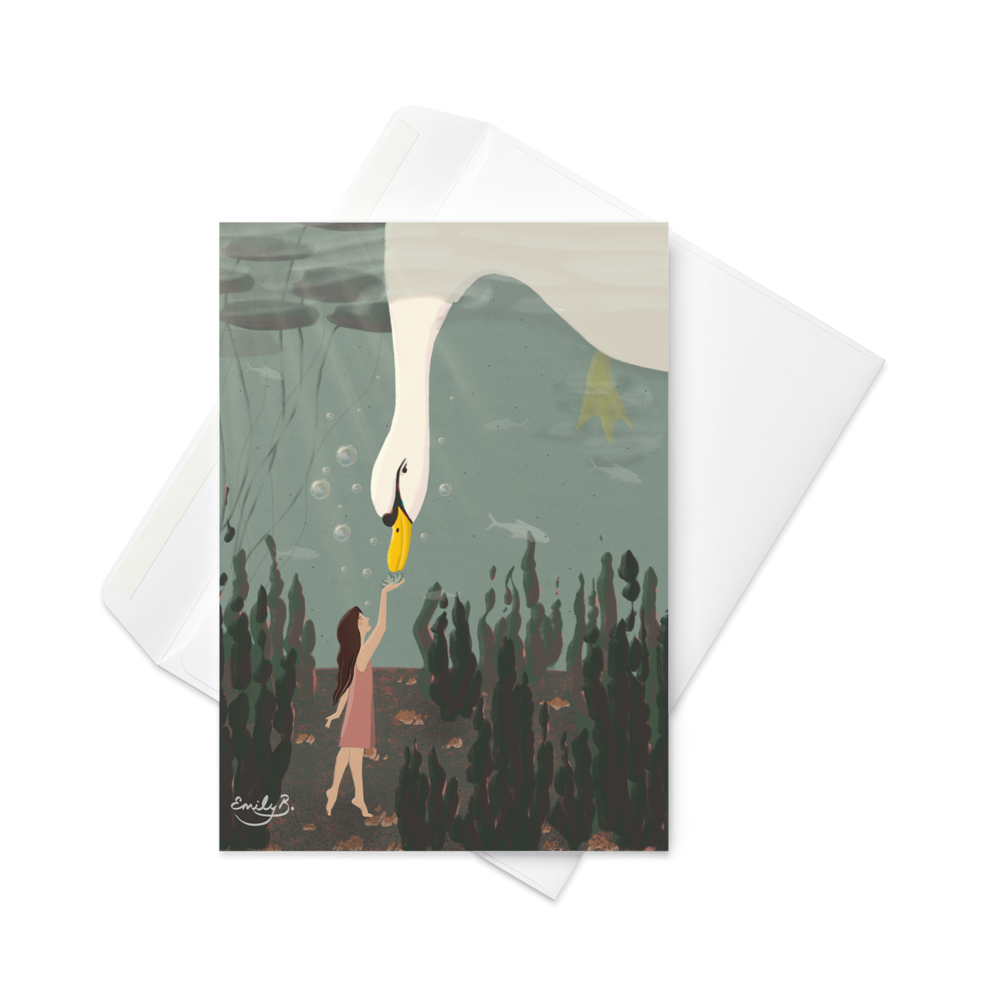 Greeting card with illustration of a woman feeding a swan from a riverbed beneath the water, on a white envelope