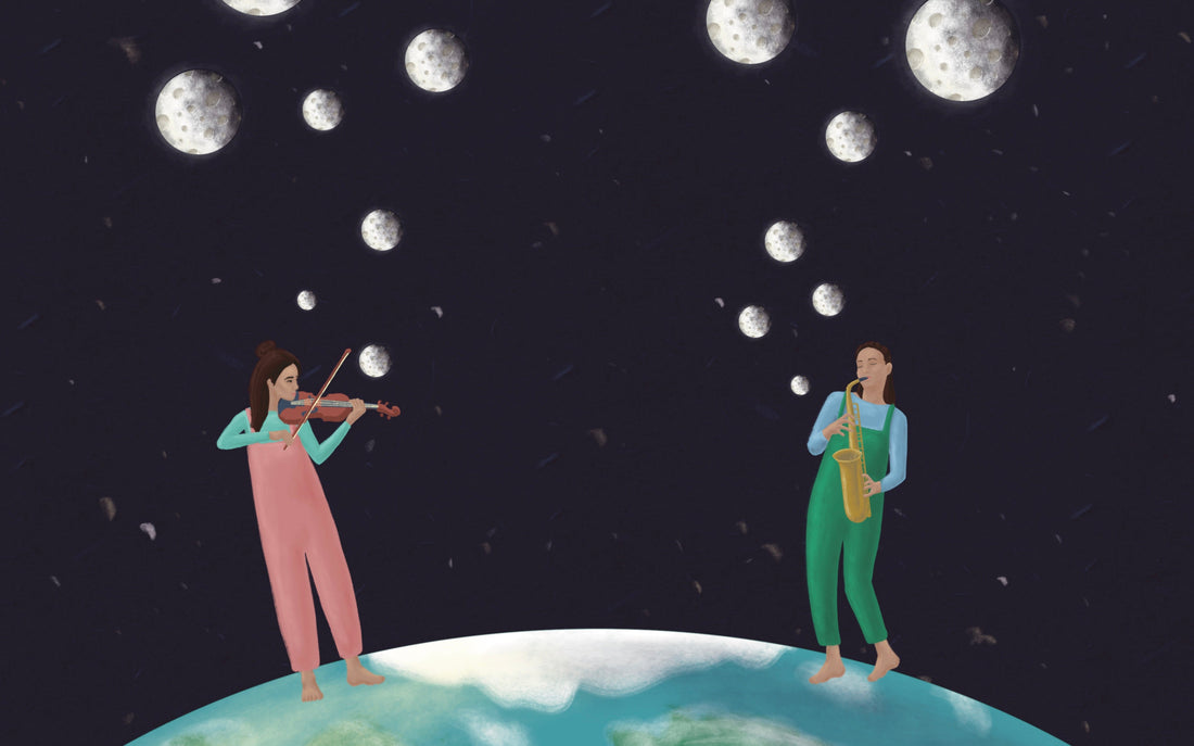 Cropped section of artwork by Emily Bucher depicting two figures playing musical instruments to create full moon recurring motifs
