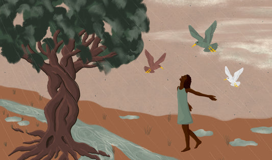 Kindred creatures illustration showing a woman on a riverbank dancing in the rain with three birds