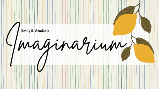 A blog banner showing the title Emily B. Studio’s Imaginarium. It is on a striped background with two lemons growing on the righ hand side