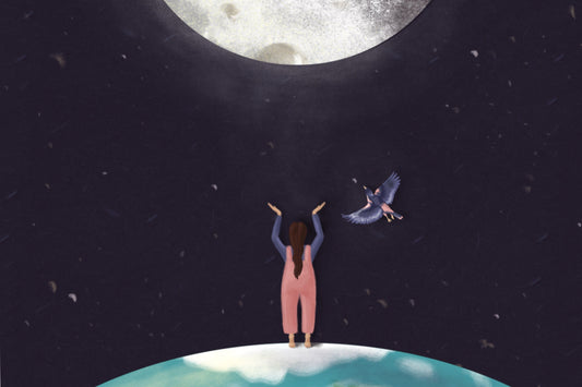 Artwork of a girl in pink dungarees standing on the earth next to a bird appearing to hold the full moon magically in the night sky above