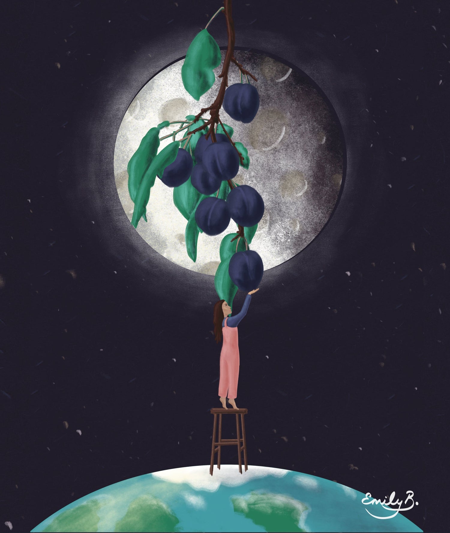 Original artwork of a girl in pink overalls standing an a stool on the earth, reaching up to pick a plum from a tree hanging in front of the full moon