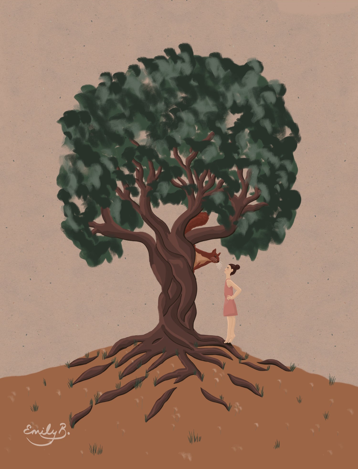 Signed by Emily B., this artwork shows a brunette in a pink dress chatting to a red squirrel in the lower branches of a twisted mature tree with dark green foliage.