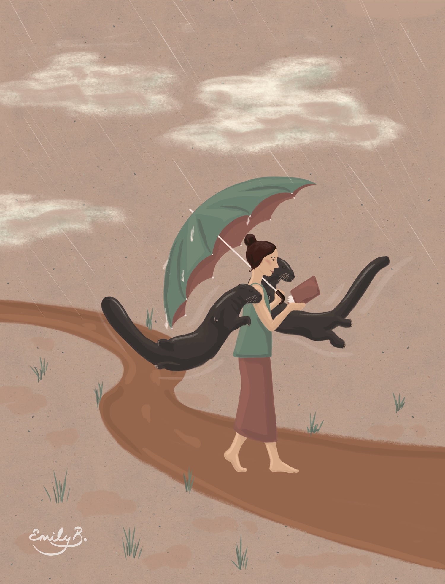 Signed artwork featuring a girl in a pink dress standing on a riverbed, reaching up and feeding an elegant swan