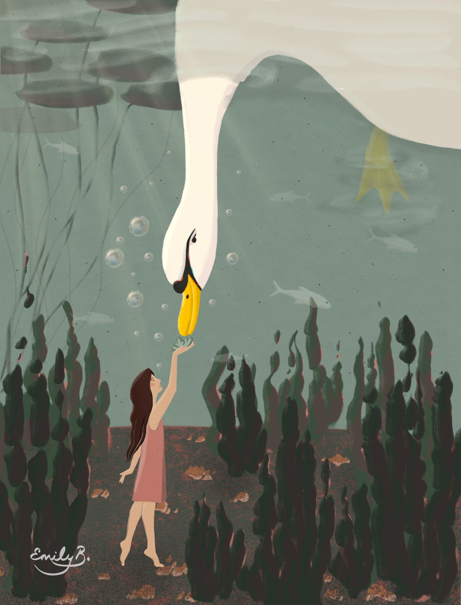 Signed artwork featuring a girl in a pink dress, standing on a riverbed underwater, feeding an elegant swan