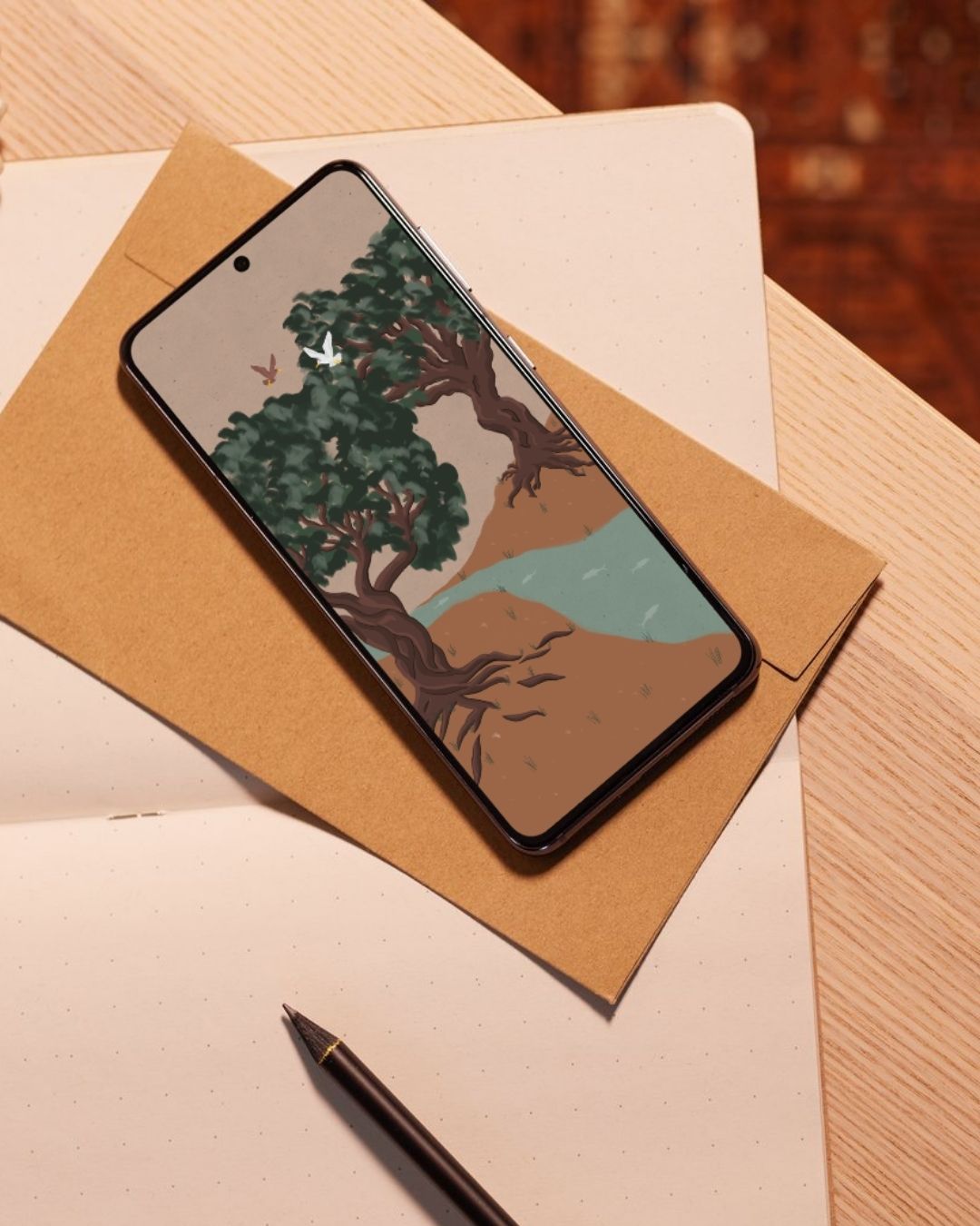 Mobile phone with a wallpaper with two trees and a river flowing between. Two birds hover in the treetops. The phone sits on an envelope and notebook.
