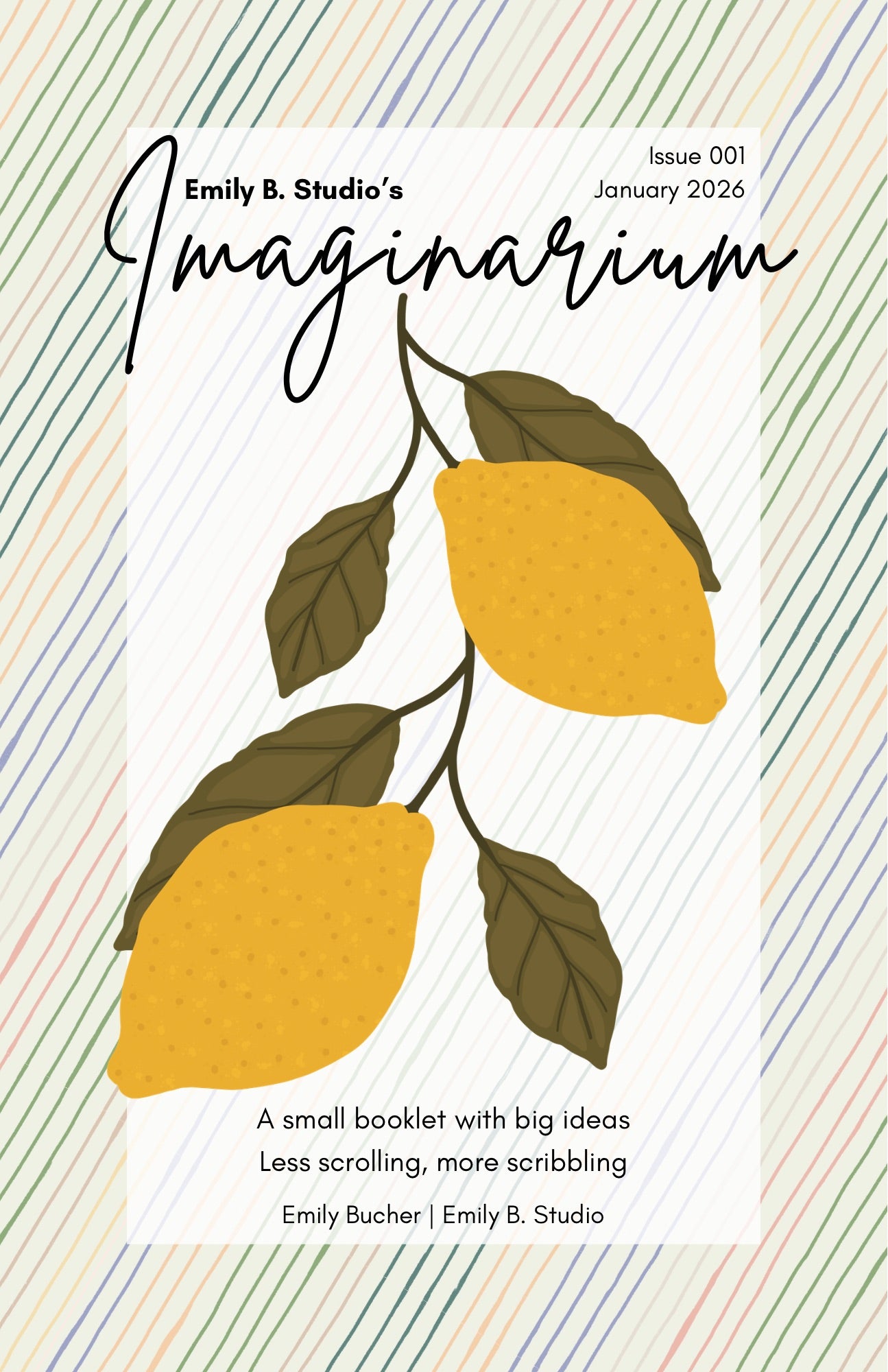 Booklet cover with lemon illustration and text about Emily B. Studio's Imaginarium