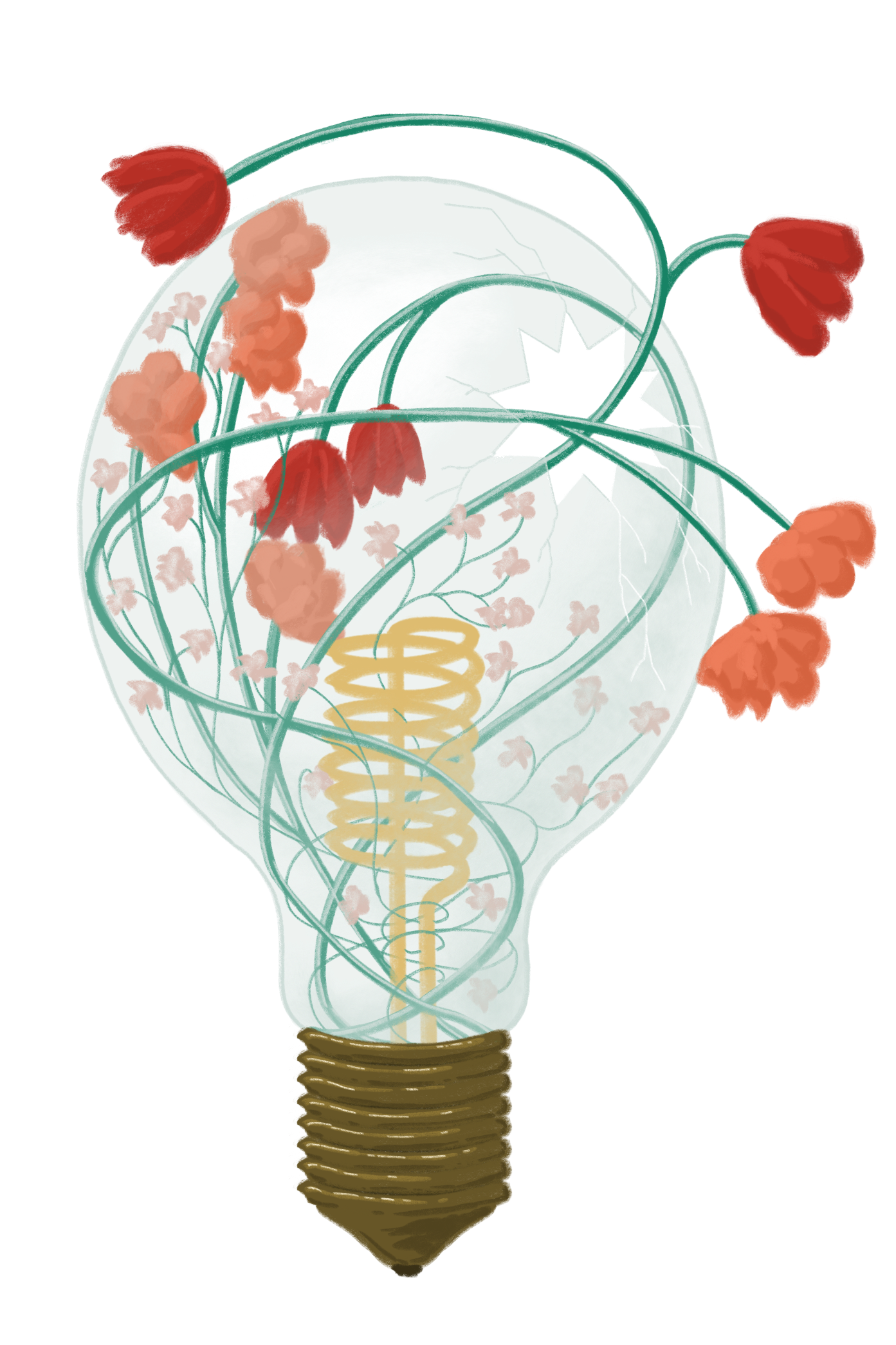 Decorative light bulb with floral design breaking through the glass