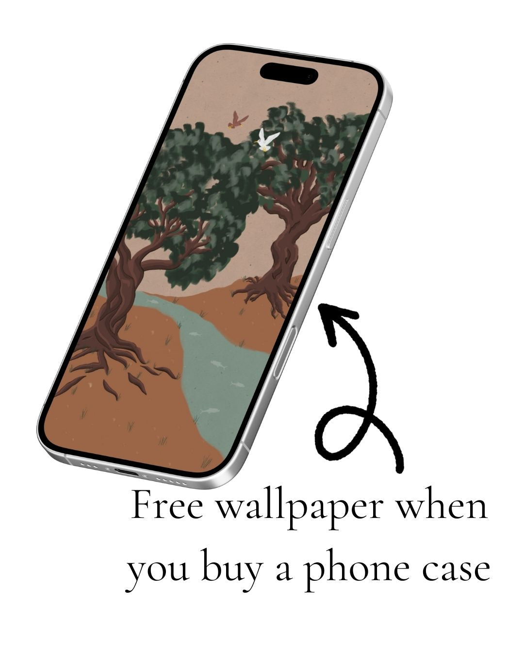 Mobile phone background with two trees and a river flowing between. Two birds hover in the treetops