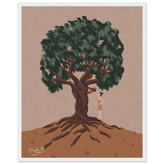 Conversational Squirrel framed art print showing a girl in a pink dress talking to a red squirrel in a tree