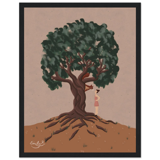 Framed illustrated art print featuring a girl and a red squirrel beneath a twisting tree