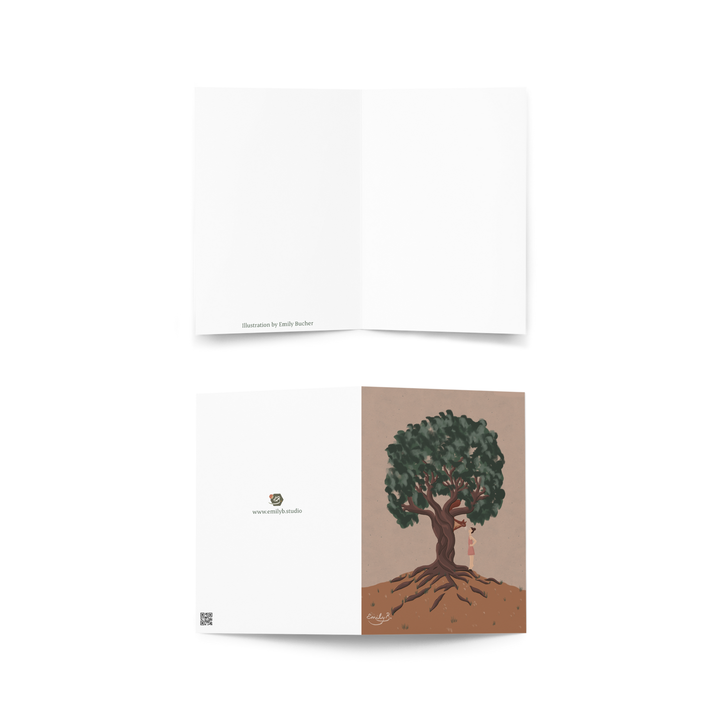 Girl in a pink dress illustrated beneath a tree in whimsical art greeting card