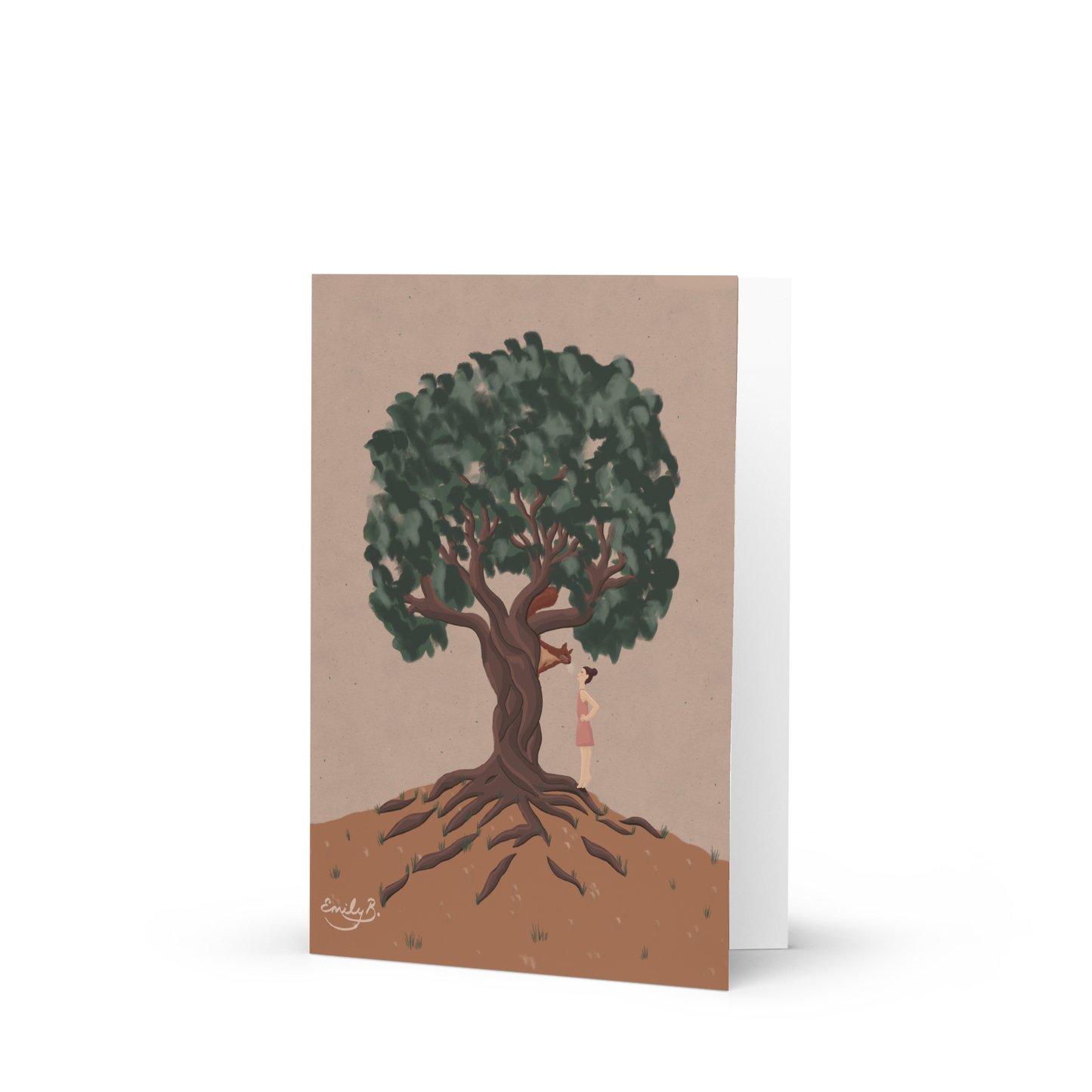 Twisted tree with expressive roots and dark green leaves in woodland illustration