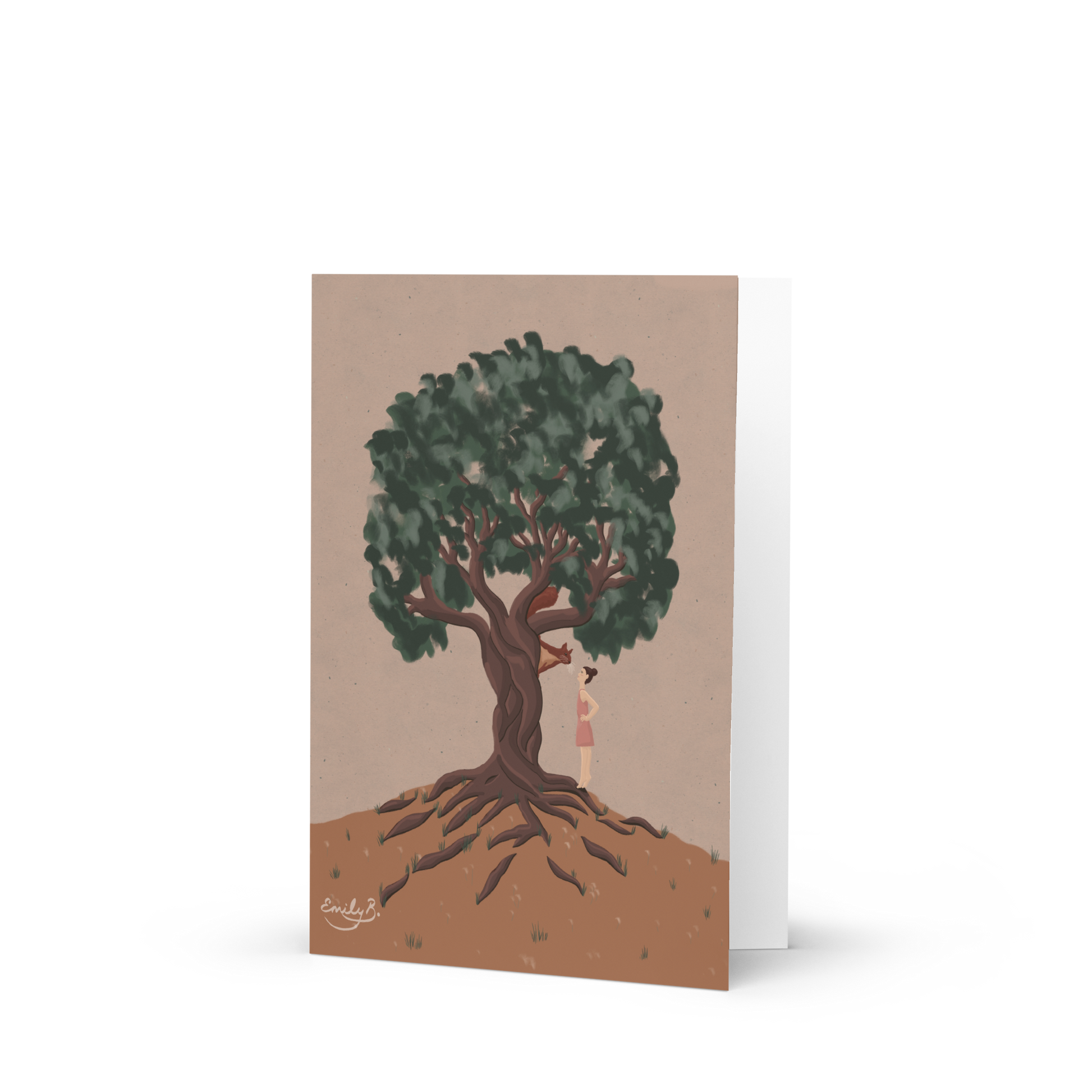 Twisted tree with expressive roots and dark green leaves in woodland illustration