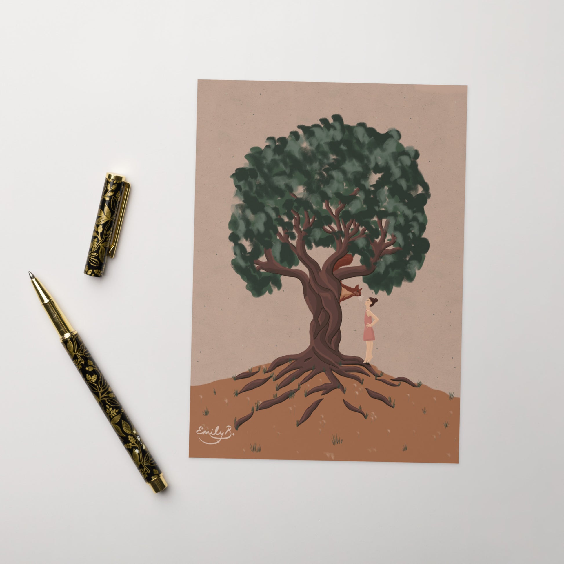 Conversational Squirrel artwork featuring a twisted tree, red squirrel and warm neutral background
