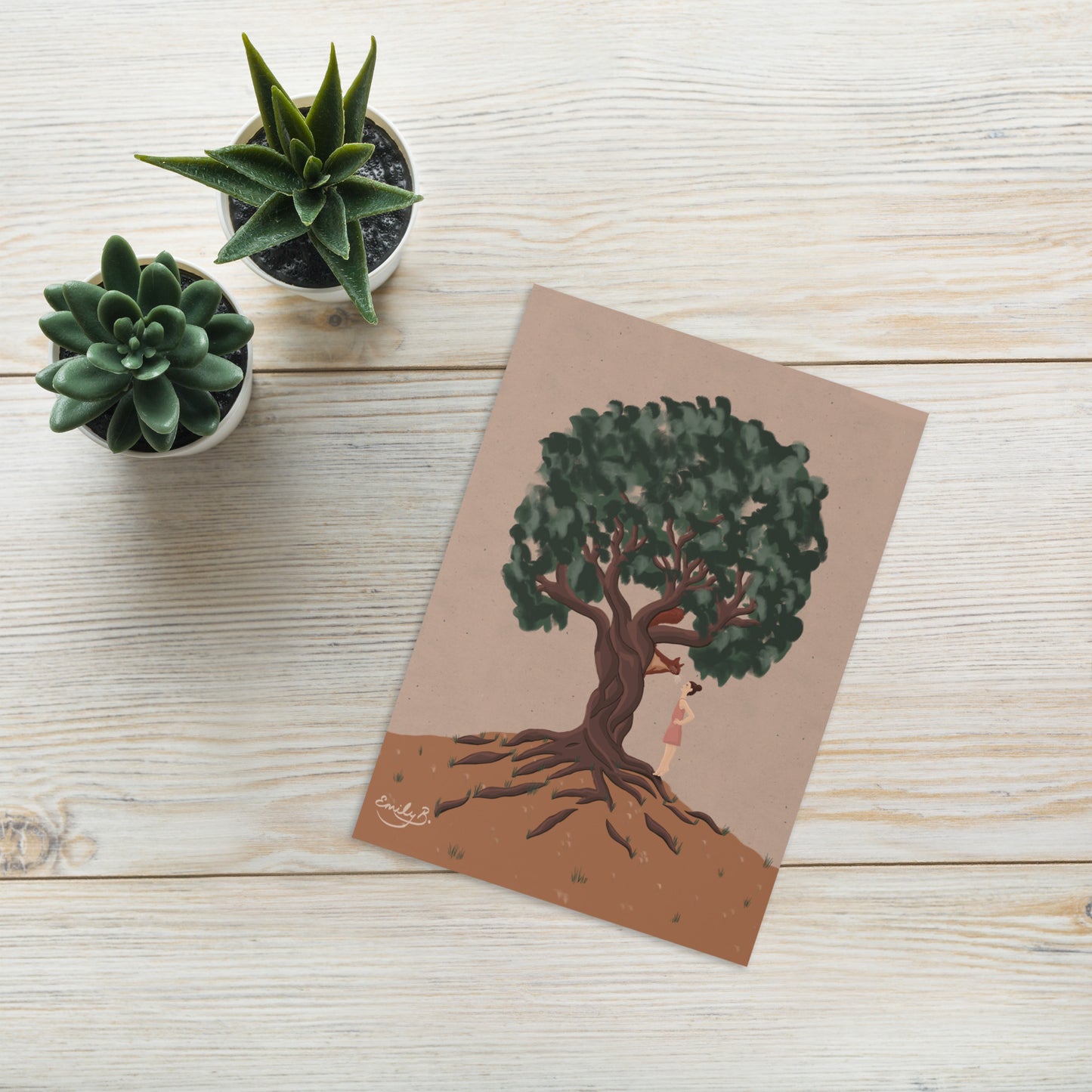 Illustrated greeting card showing a girl in a pink dress talking to a red squirrel in a tree