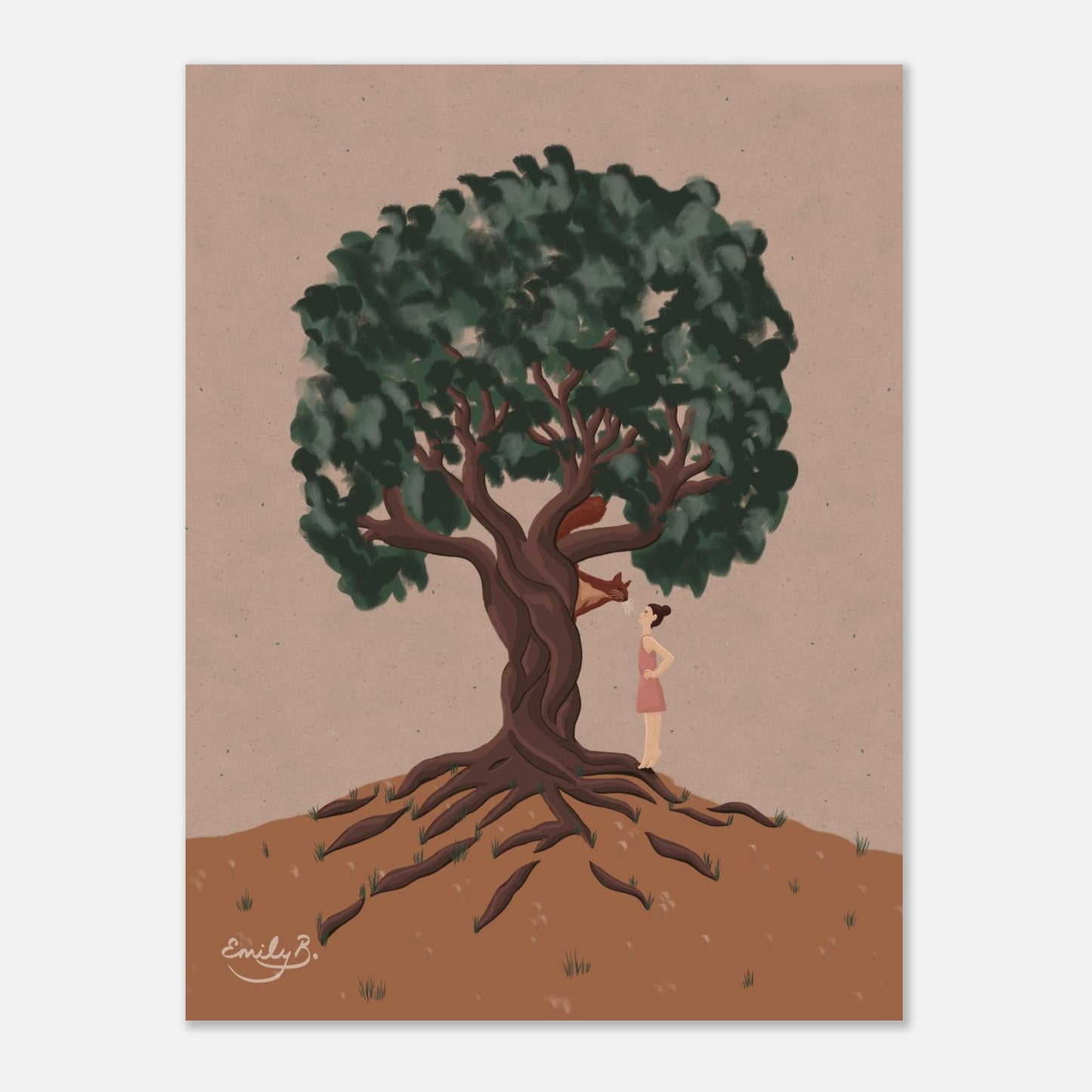 Front view of the Conversational Squirrel unframed art print showing the full illustrated scene