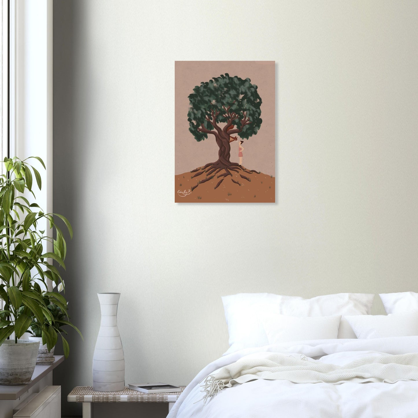 Nature-inspired squirrel art print displayed unframed above a bed in a soft-toned bedroom