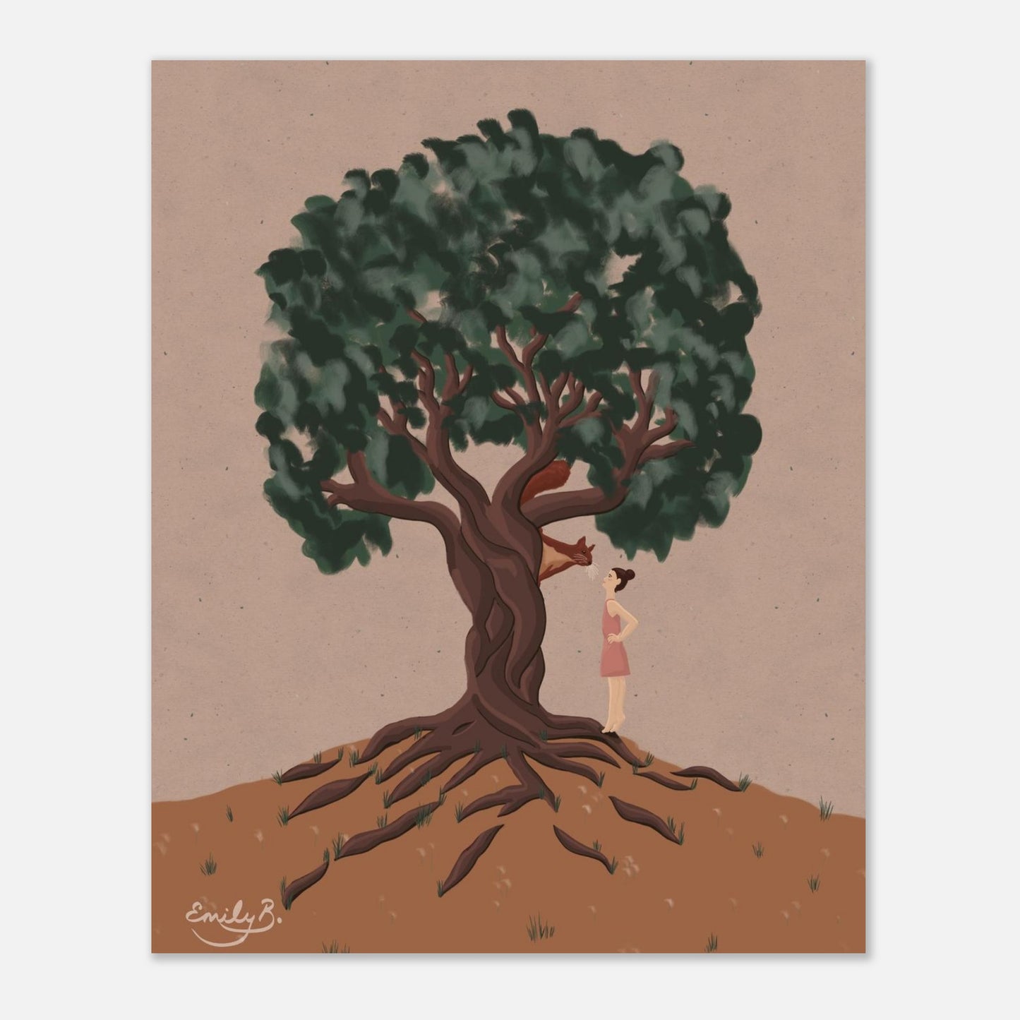 Detail of the red squirrel perched on a tree branch in the Conversational Squirrel unframed art print