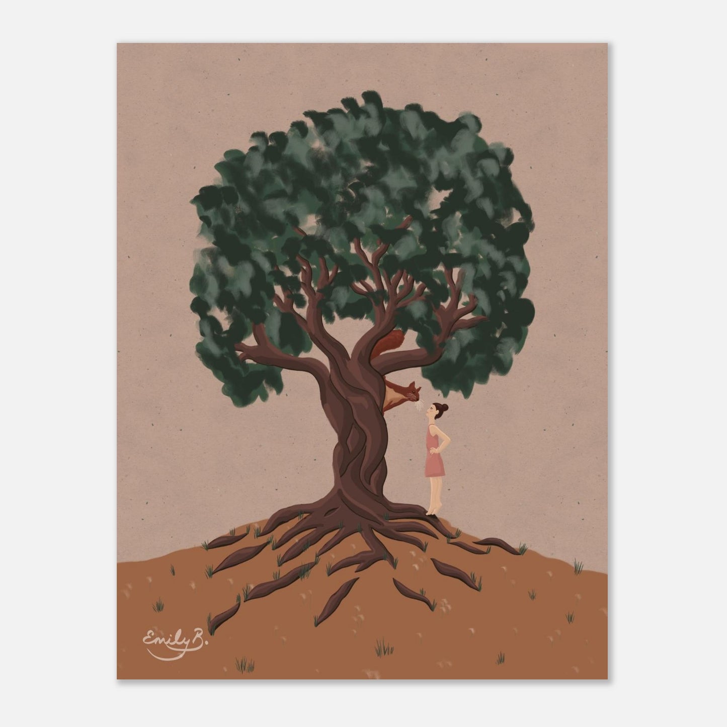 Close-up of the twisting tree and dark green leaves in the Conversational Squirrel unframed art print