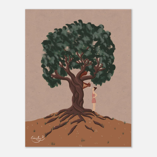 Close-up of the twisting tree and dark green leaves in the Conversational Squirrel unframed art print