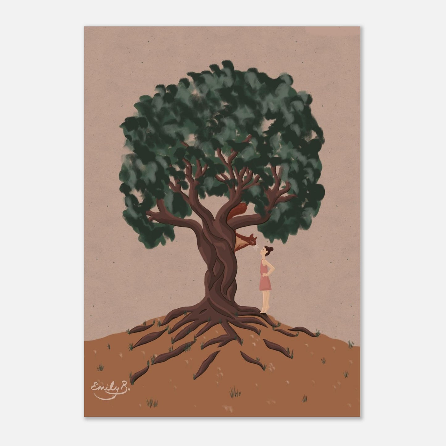 Conversational Squirrel unframed art print flat on a white background showing full illustration of girl and red squirrel