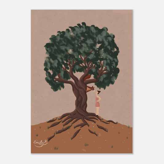 Conversational Squirrel unframed art print flat on a white background showing full illustration of girl and red squirrel