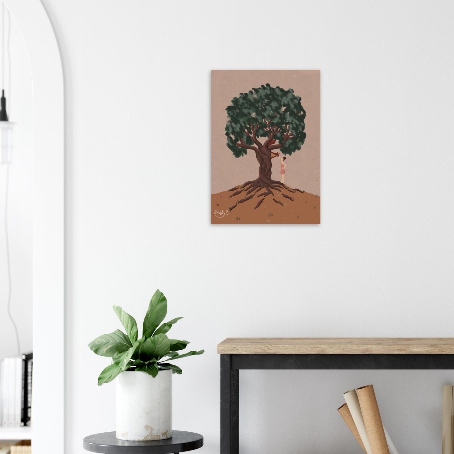 Girl in a pink dress standing beneath a tree in the Conversational Squirrel illustrated print