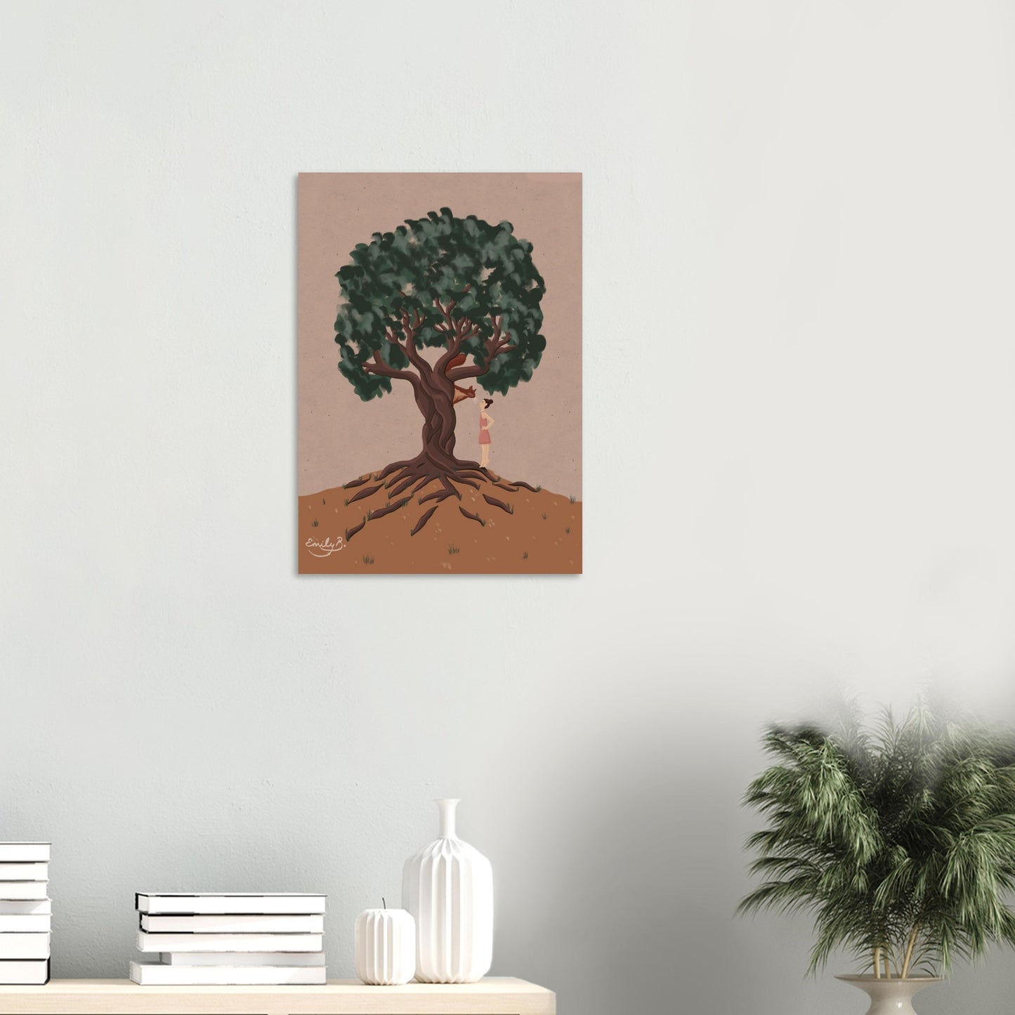 Detailed view of twisted tree with expressive roots and dark green leaves in the Conversational Squirrel art print