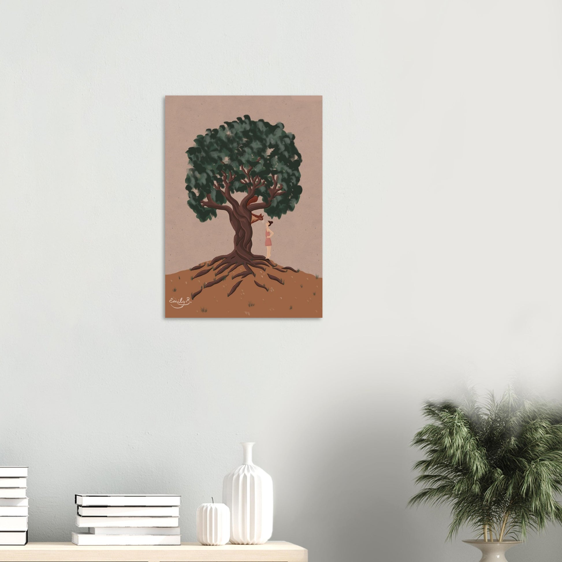 Detailed view of twisted tree with expressive roots and dark green leaves in the Conversational Squirrel art print