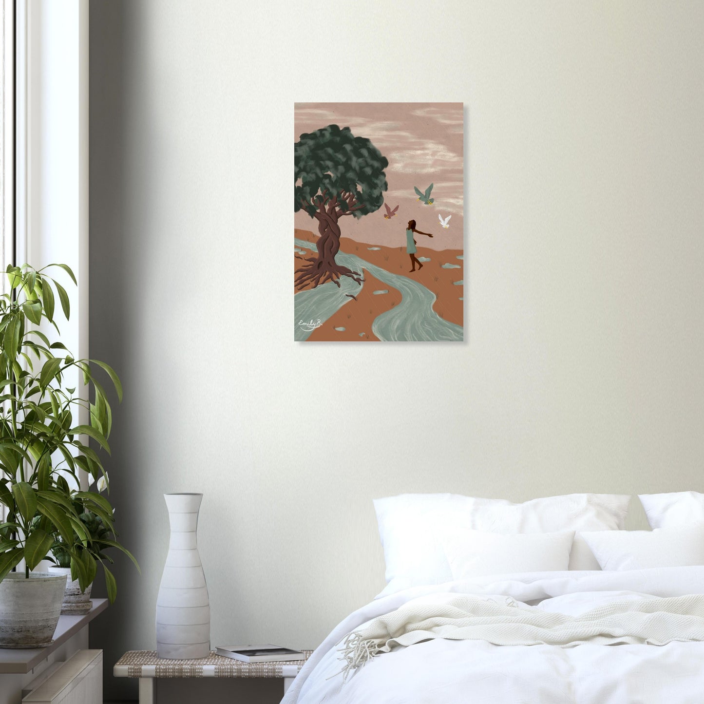 Animal illustration art print with birds dancing alongside a woman in a rain-filled outdoor scene