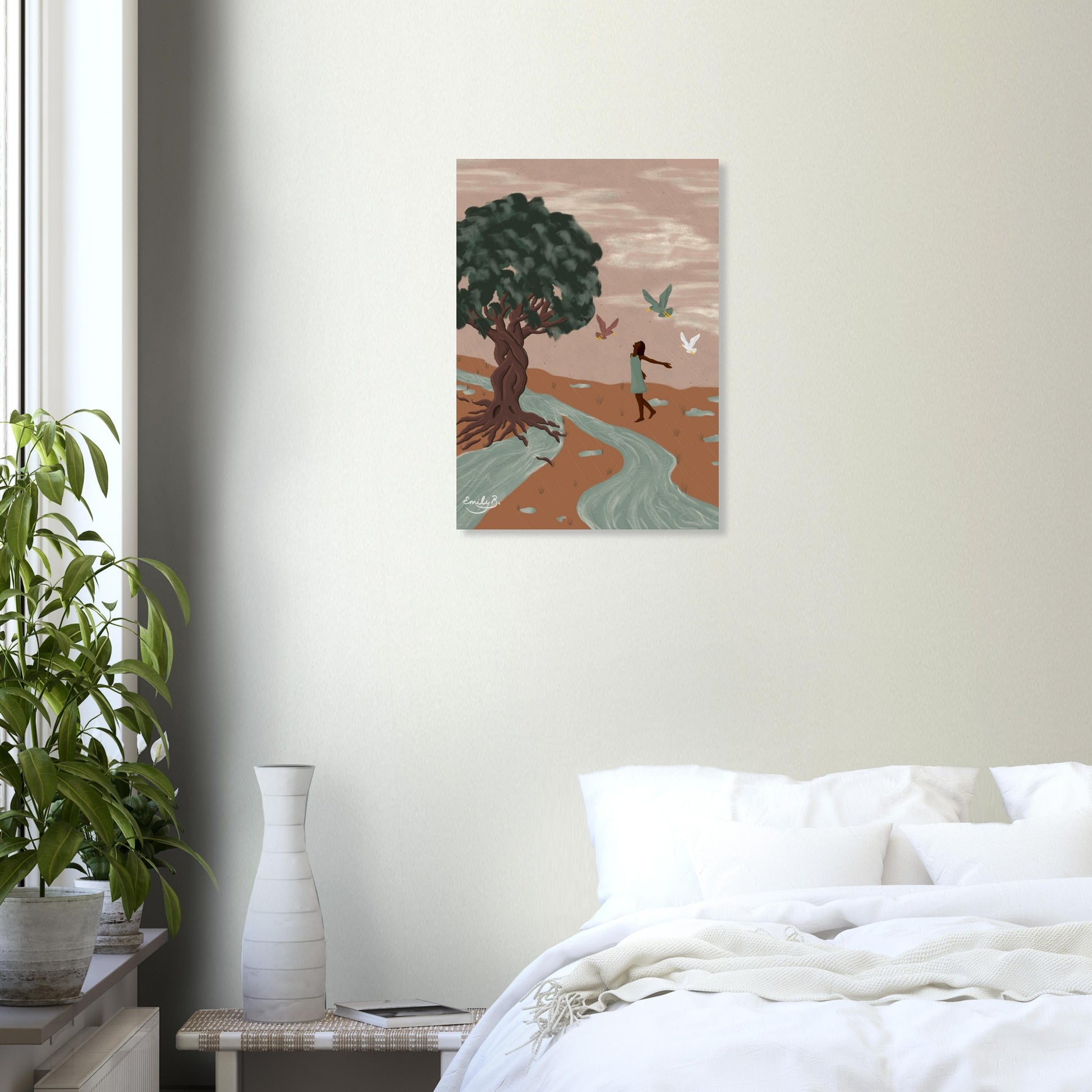 Animal illustration art print with birds dancing alongside a woman in a rain-filled outdoor scene