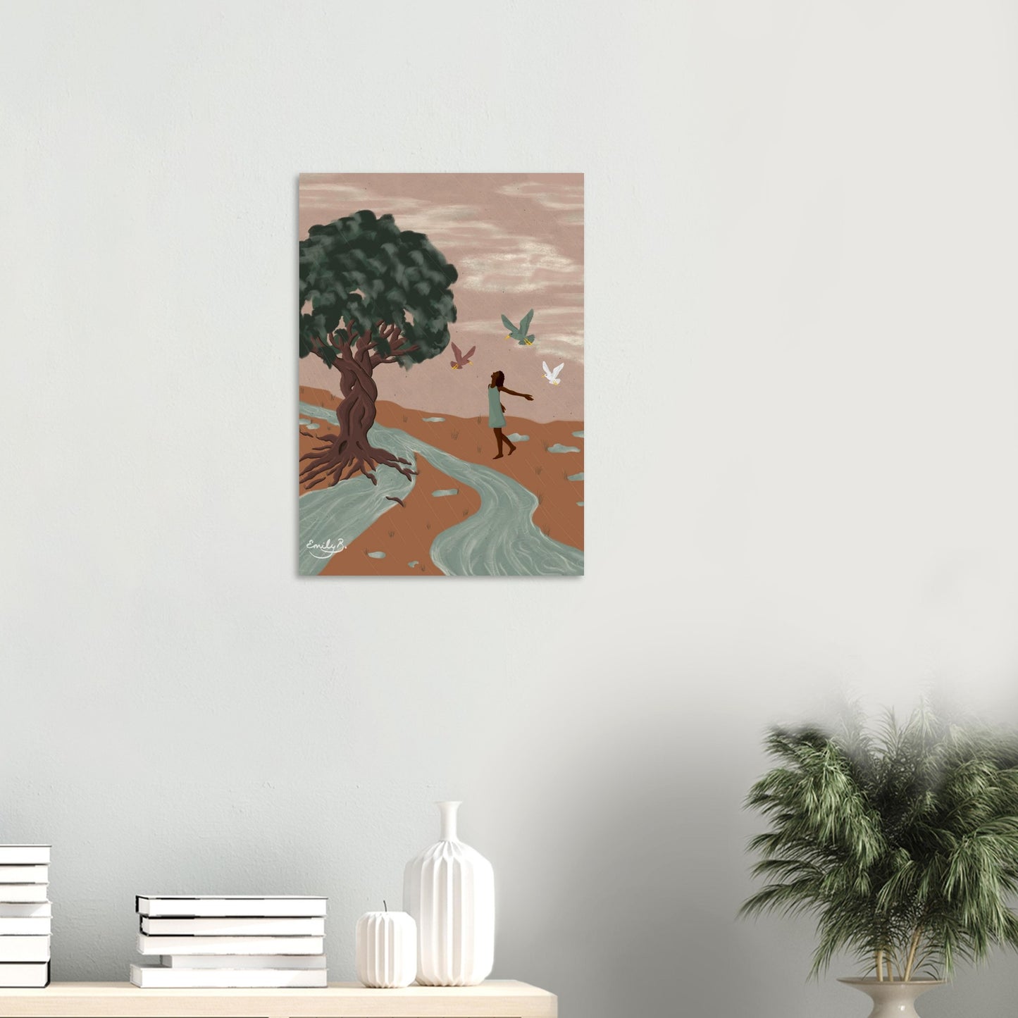 Detailed view of the Dancing Birds illustrated art print showing rain, puddles, and expressive movement