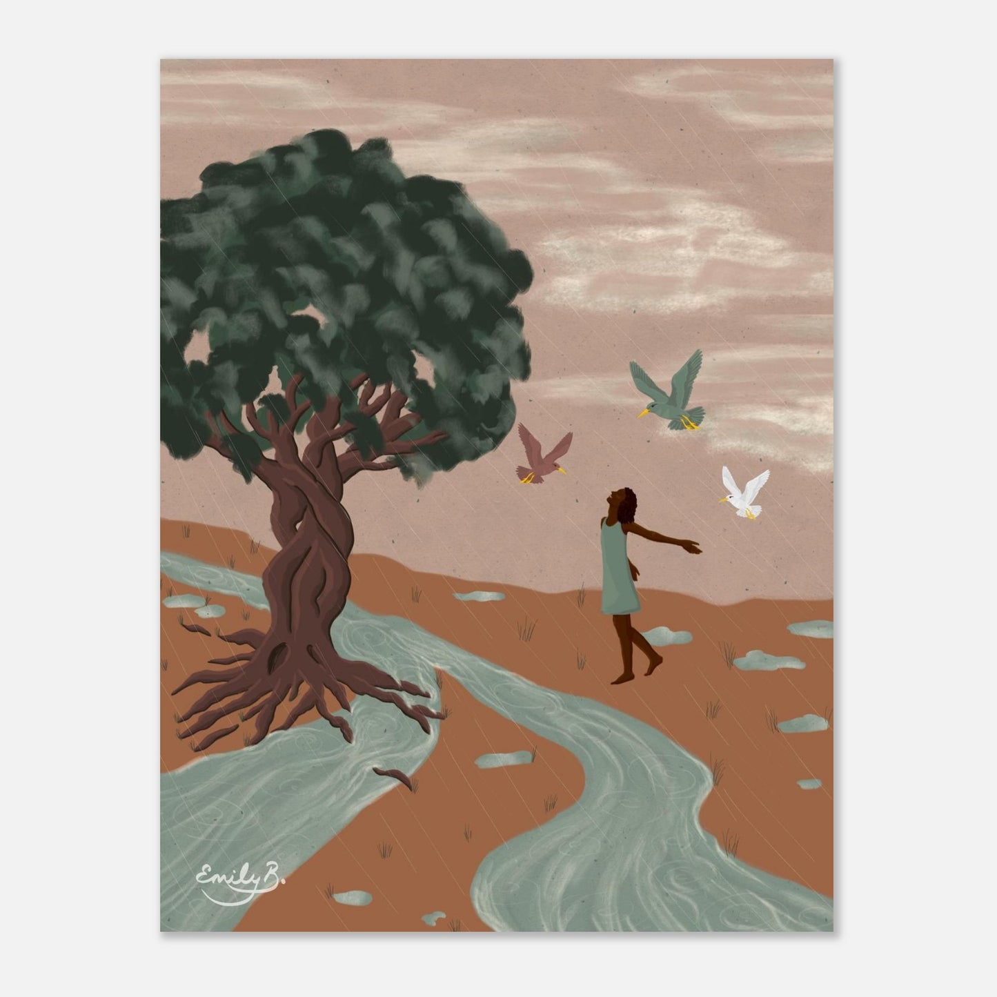 
Front view of the Dancing Birds illustrated art print with a woman dancing outdoors as birds join her movement