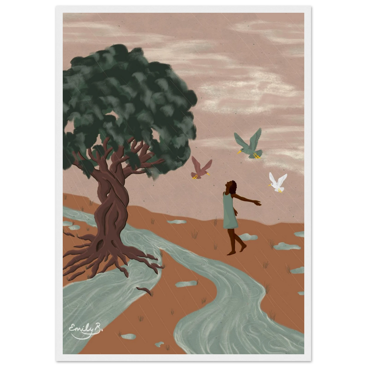 Detailed front view of the Dancing Birds framed art print