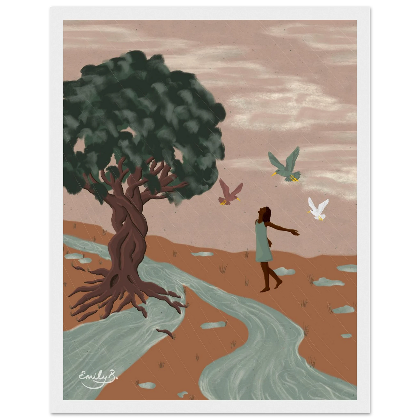 Front-facing view of the Dancing Birds framed illustrated art print
