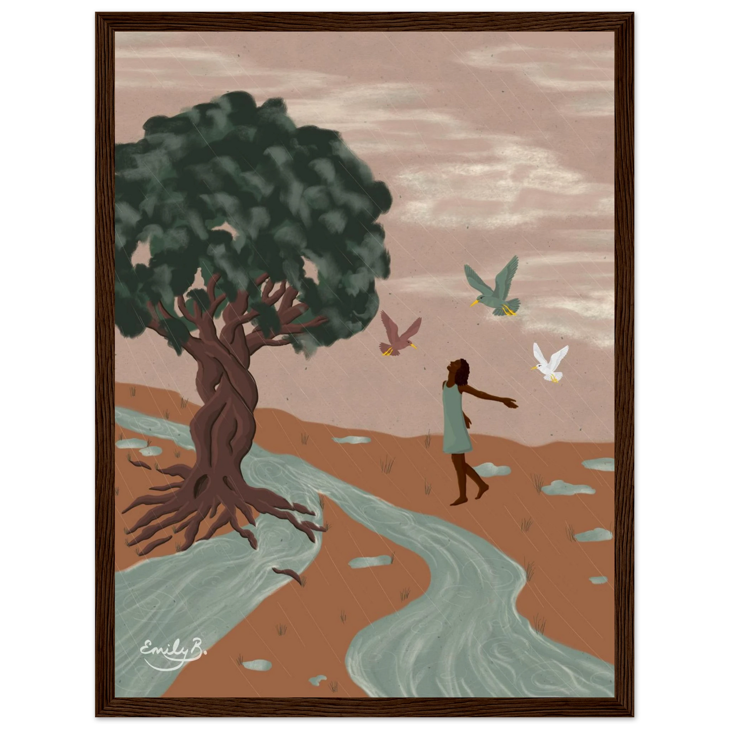Full front view of the Dancing Birds framed illustrated art print