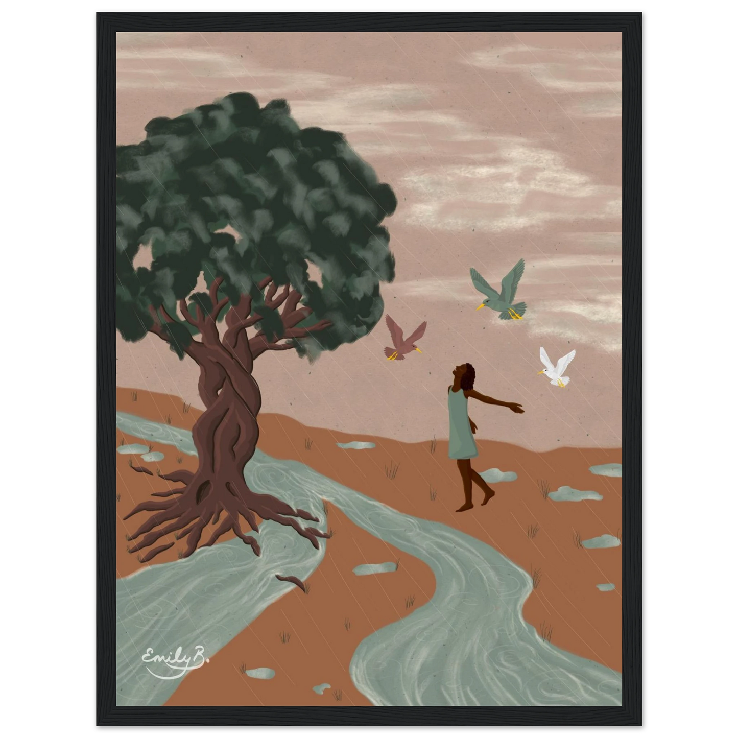 Illustrated framed wall art print featuring a dancing figure and birds