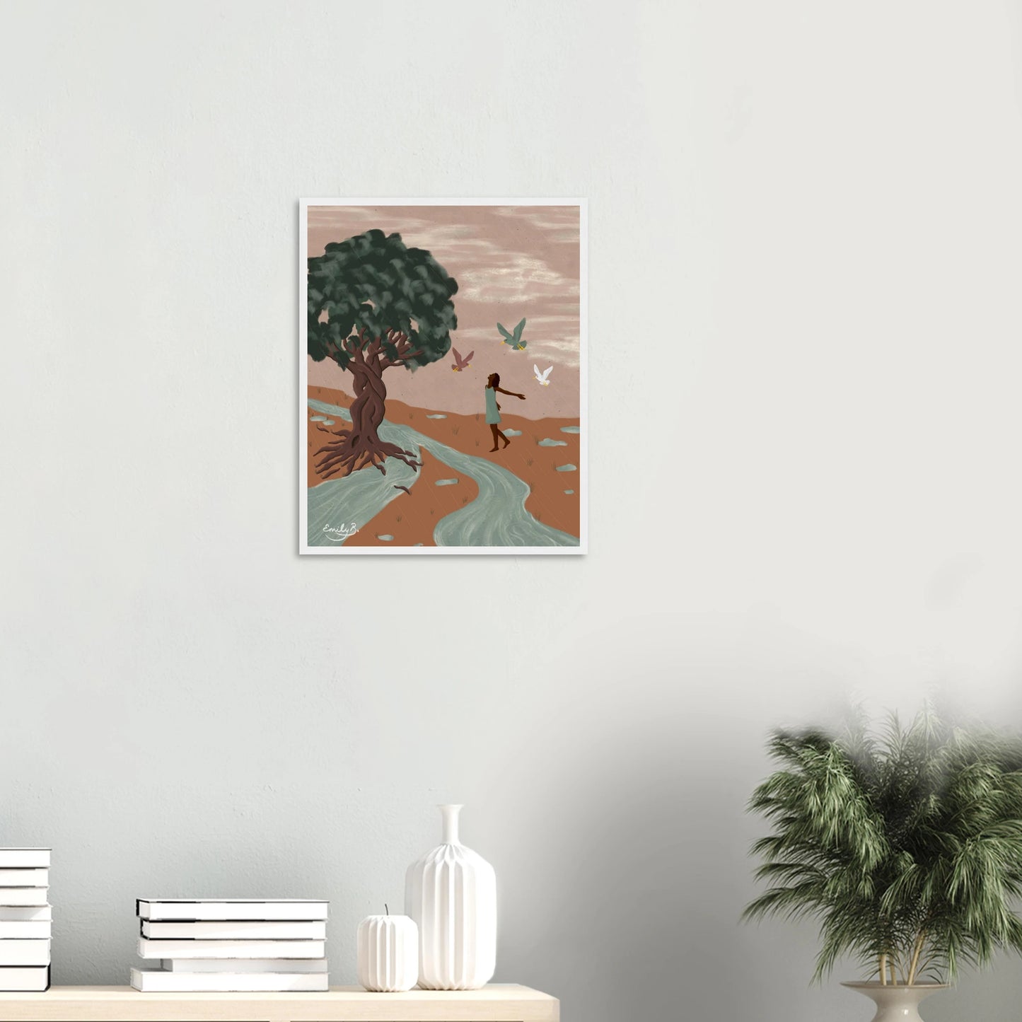 Dancing Birds framed art print styled in a modern interior setting